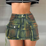Queensays  High Street Big Pockets Denim Skirt For Women Vintage Tie Dye y2k Jeans Skirts Fashion Club Outfits Bottoms Clothes