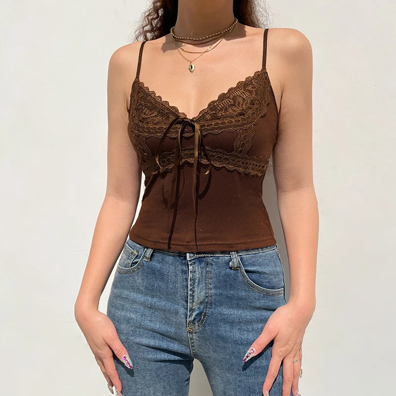 Queensays  Lace Patchwork Brown Vintage Tank Top For Women Summer Y2K Aesthetic V-Neck Fashion Camisole Retro Elegant Crop Tops
