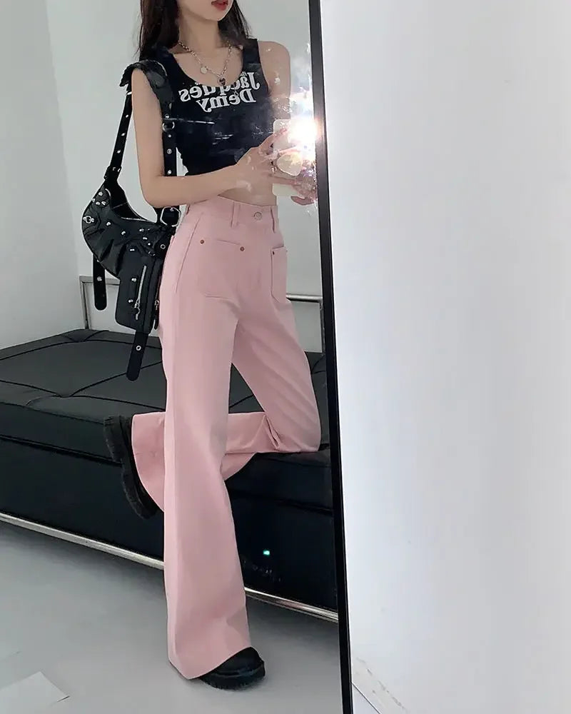 Queensays With Pockets Pants for Woman Pink Women's Jeans High Waist Shot Flared Bell Bottom Straight Leg Flare Trousers 2000s Y2k Vibrant