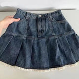 Queensays Blue Denim Skirt Women Sweet Lace Patchwork Y2k Pleated Mini Skirts Girl Korean Fashion Slim High Waist A-line Casual Streetwear