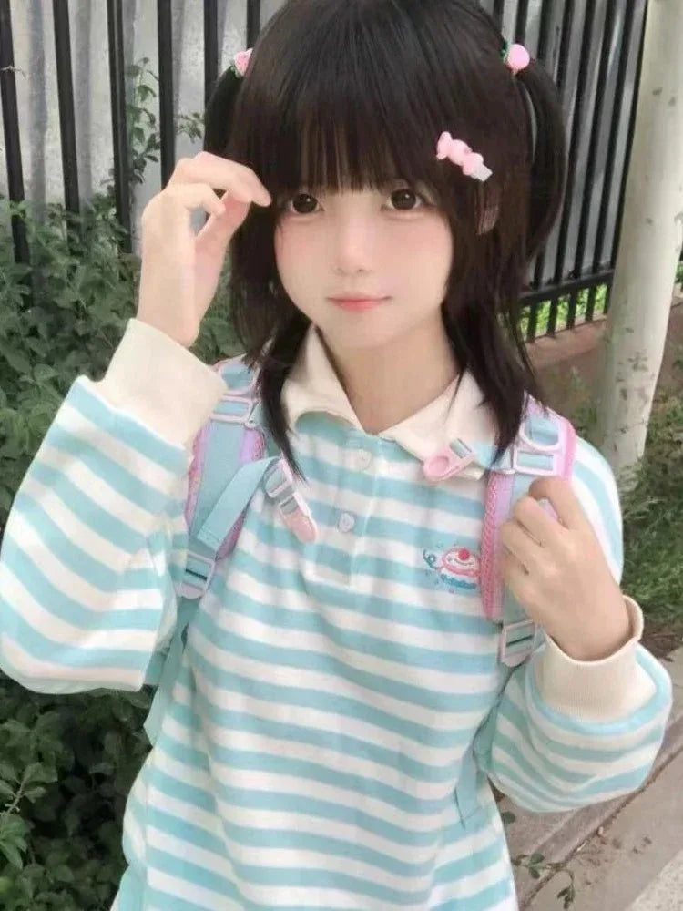 Queensays   Y2k Harajuku Kawai Hoodie Women Japanese Fashion Cute Striped Cake Embroidery Loose Sweatshirt Soft Girl Pullovers