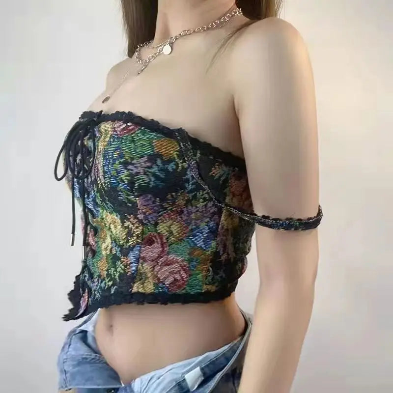 Queensays  Sexy Designer Vintage Print Halter Tops Women Chic Bandage Floral Corset Shirts Female High Street Party Club Ladies Top