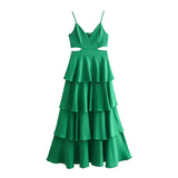 Queensays New Women Sexy Hollow Out Layered Green Spaghetti Strap Dress Elegant Female Party Long Dresses Maxi