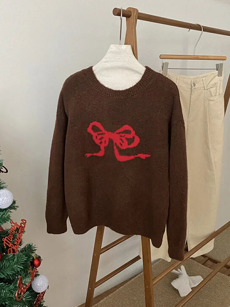 Queensays Sweet Knitted Sweater Women Oversized Bow Embroidery Pullover Korean Fashion Casual Jumper All-Match Autumn Winter High Street