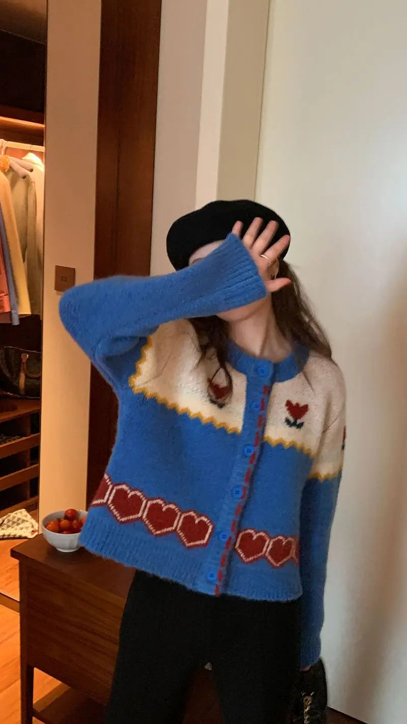 Queensays  Chic knitwears Cardigan Womens Clothing Autumn Vintage Jacquard Sweater Coat Korean Fashion Sueters De Mujer Moda