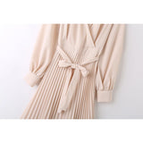Queensays  Spring 2024 Women Beige With Belt Wrap Pleated Dress Long Sleeve Lapel Collar Female Midi Casual Dresses