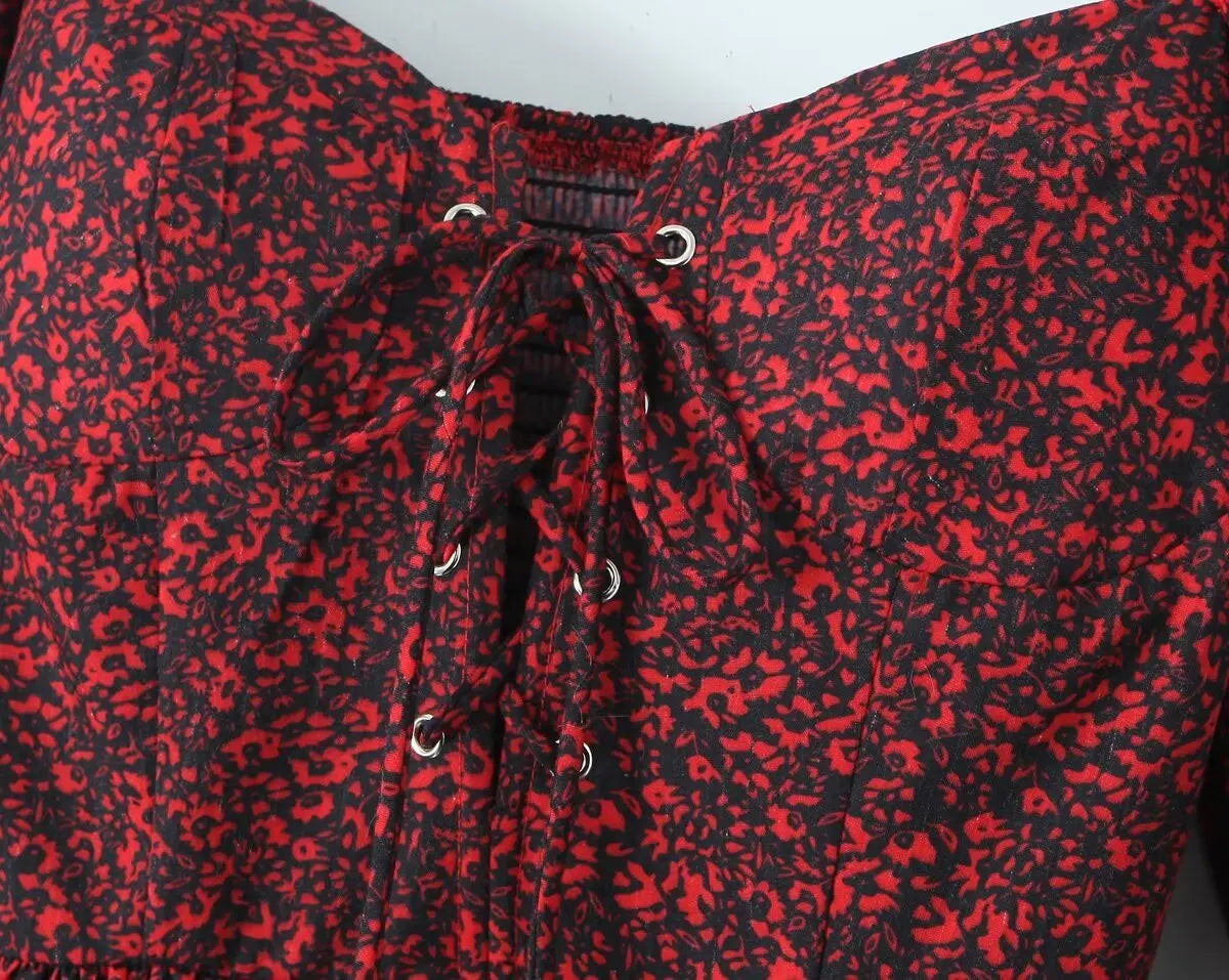 Queensays  2024 Women Front Lacing Up Wine Red Floral Print Dress Vintage Puff Sleeve Layered Ruffle Hem Cake Mini Dress Holiday