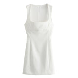 Queensays  New Women White Square Neck Mini Dress Sleeveless Slim Short Vestidos Sexy Dresses