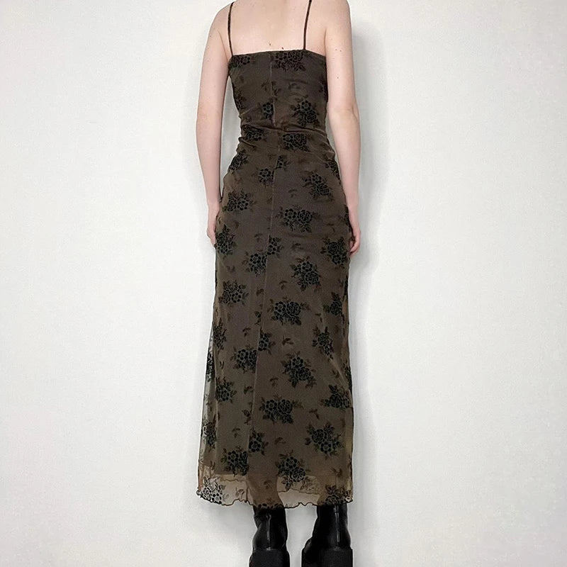 Queensays  Gothic Floral Maxi Dress Spaghetti Strap Elegant Chic Grunge Evening Long Dress Vintage Y2K Female Slim Party Outfits