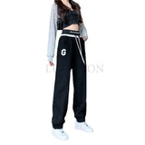 Queensays All-match Letter Embroidery Sweatpants Autumn Winter Regular/Plush and Thicken Casual Drawstring Splicing Pockets Trousers