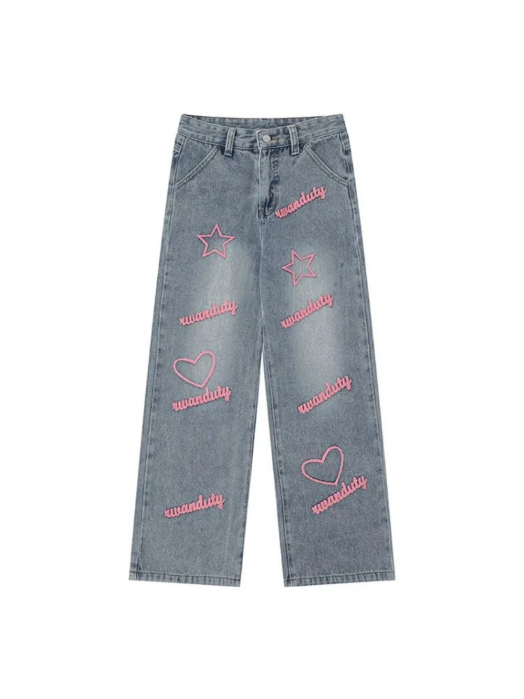 Queensays  Vintage 90s Streetwear Star Blue Jeans Women Y2K Grunge Distressed Embroidery Oversized Wide Leg Denim Pants Female Retro
