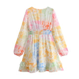 Queensays  Spring 2024 Women Multicolor Print Casual Chiffon Dress Long Sleeve V Neck Elastic Waist A-line Mini Dress Holiday