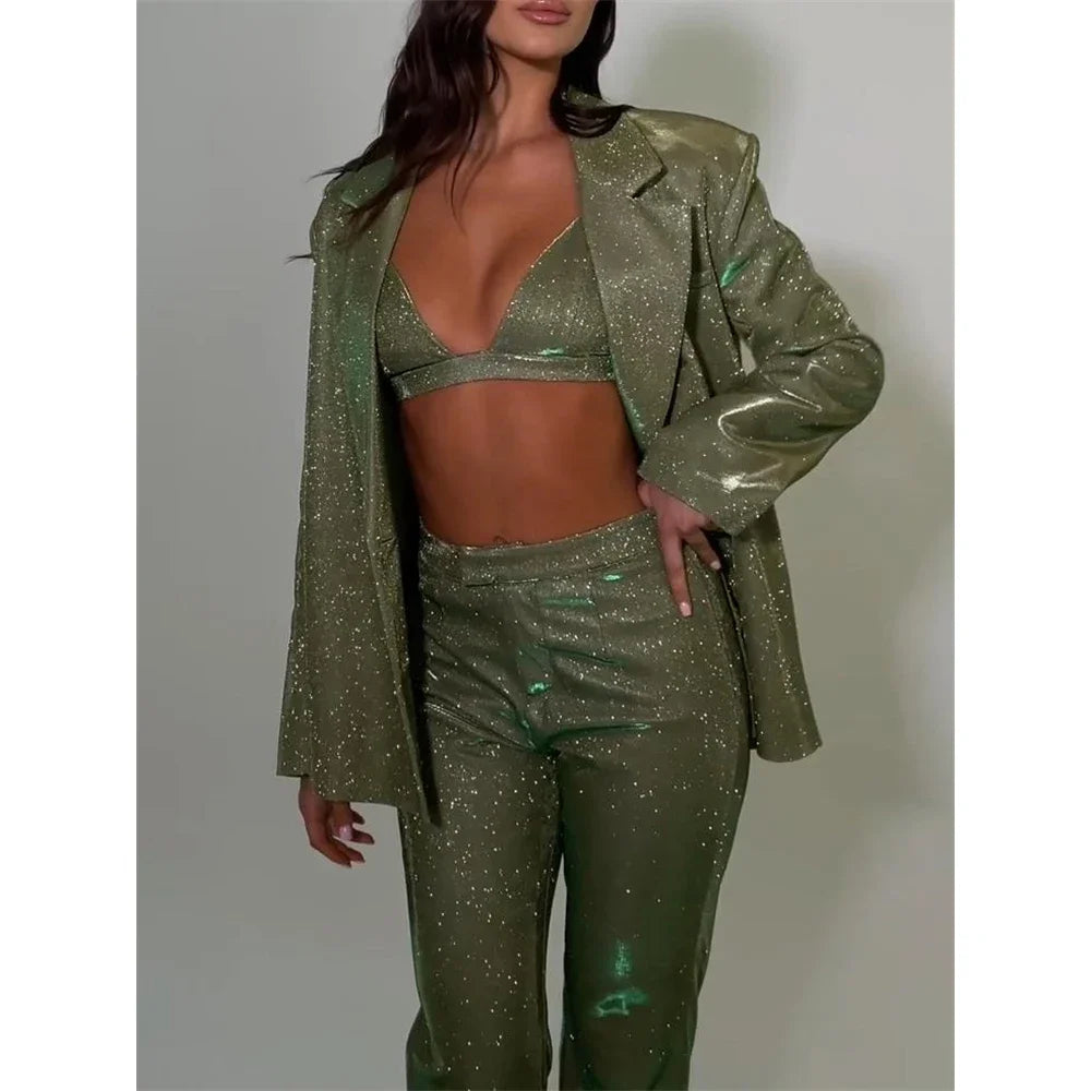 Queensays  Glitter Silver Party Two Piece Pants Set Women Club Night Outfits Fashion Sparkly Blazer Matching Sets Femme Tracksuit