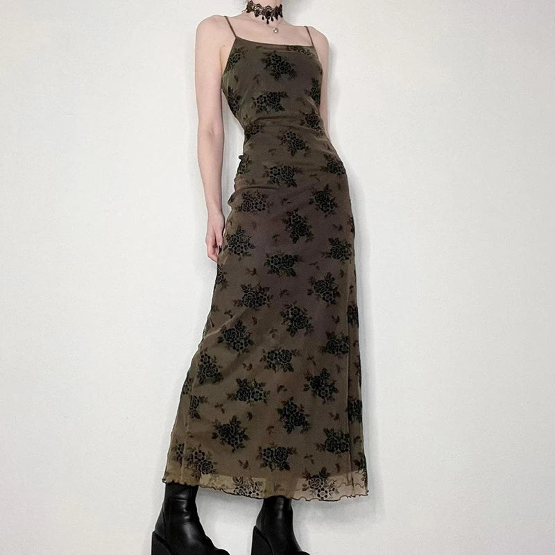 Queensays  Gothic Floral Maxi Dress Spaghetti Strap Elegant Chic Grunge Evening Long Dress Vintage Y2K Female Slim Party Outfits