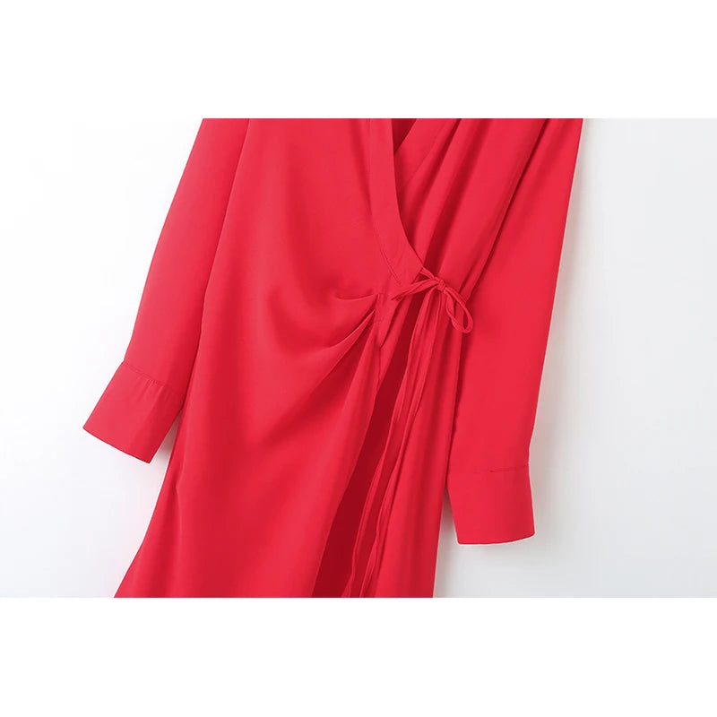 Queensays  New 2024 Women Red Lacing Up Wrap Red Shirt Dress Long Sleeve Lapel Collar Female Spring Dress Midi