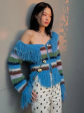 Queensays  Y2k Off-shoulder Knitwears Cardigan Contrast Color Striped Design Sweater Coat Winter Clothes Women Sueters