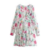 Queensays  Spring 2024 Women Floral Print Layered Sweet Dress Long Sleeve V Neck Ladies A-line Mini Party Dresses Beautiful Robe