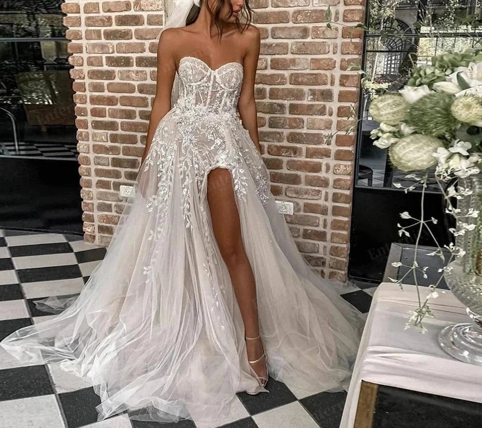 Queensays Beach Sweetheart Wedding Gowns For Bride Elegant Boho Bridal Dress Lace Appliques Sleeveless High Split sexy Vestidos De Novia