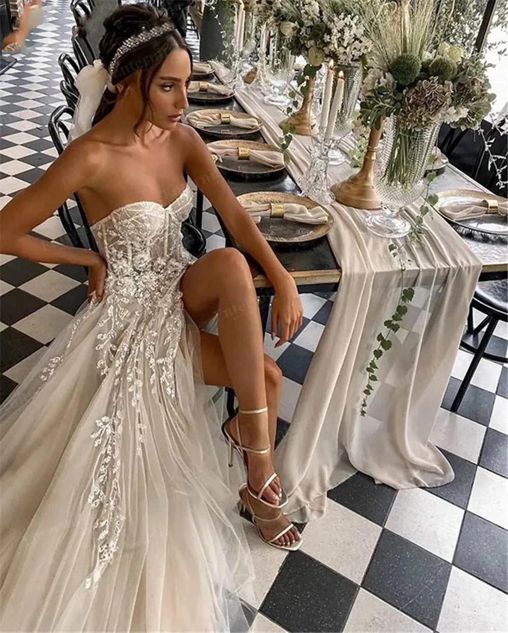 Queensays Beach Sweetheart Wedding Gowns For Bride Elegant Boho Bridal Dress Lace Appliques Sleeveless High Split sexy Vestidos De Novia