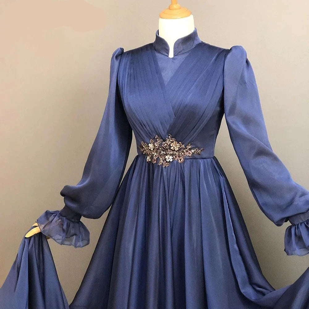 Queensays Blue Evening Dresses Beading Formal Gown Arabic Dubai Muslim Long Sleeves Moroccan Caftan Prom Dress Women Evening Dresses