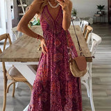 Queensays Women Boho Vintage Maxi Dress Loose Flora Print Deep V Neck High Waist Dresses Spaghetti Strap Summer Retro Vestidos Clothes