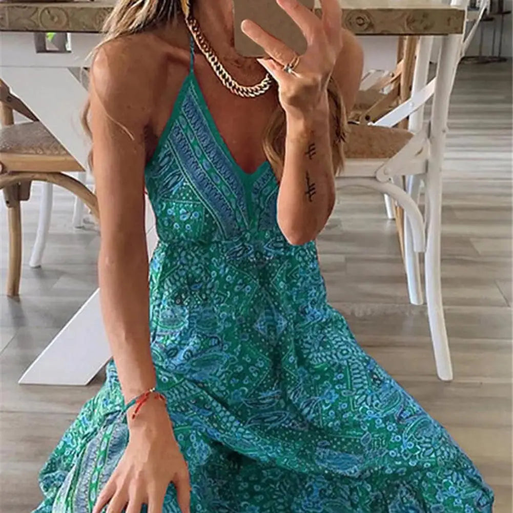 Queensays Women Boho Vintage Maxi Dress Loose Flora Print Deep V Neck High Waist Dresses Spaghetti Strap Summer Retro Vestidos Clothes