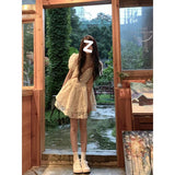 cherry blossom dress to impress Summer Women's Clothing French Retro Waist-Tight Temperament Bubble Sleeve Princess Dress Gentle Style Fluffy Dress