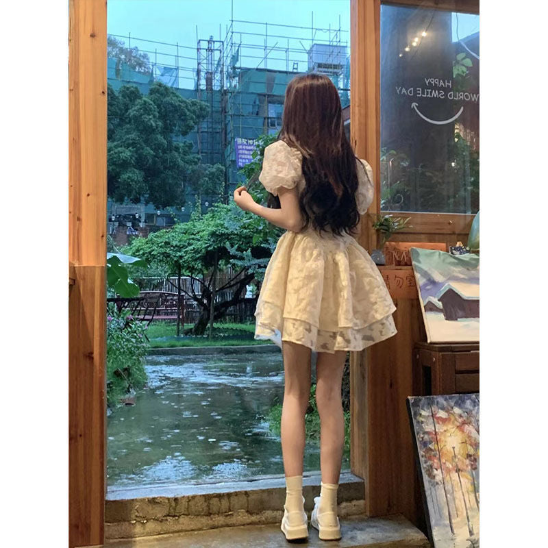 cherry blossom dress to impress Summer Women's Clothing French Retro Waist-Tight Temperament Bubble Sleeve Princess Dress Gentle Style Fluffy Dress