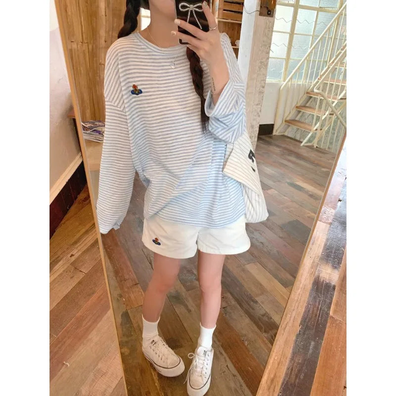 Queensays  -  Summer New Streetwear Contrast Color Striped Loose Long Sleeve T-shirt Women + High Waist Wide Leg Shorts Two-piece Suit