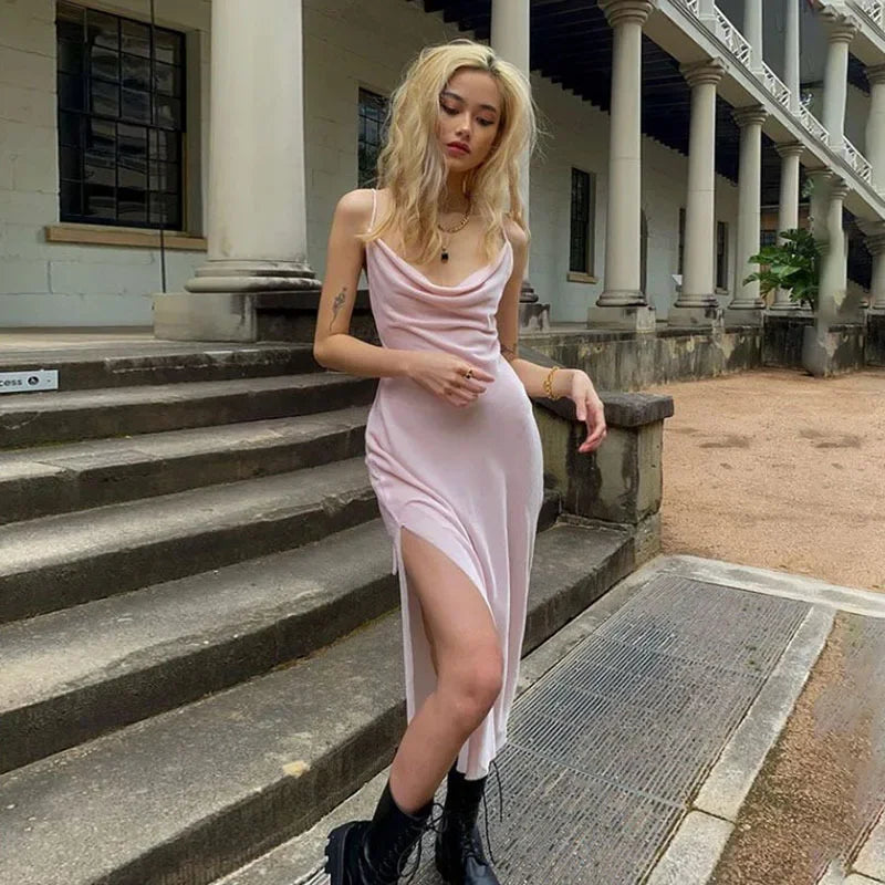 Queensays 2024 Summer Cool Light Intellectual And Elegant Pink Sweet Mature Feminine Supple And Draped Women'S Sling Slit Dress