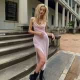 Queensays 2024 Summer Cool Light Intellectual And Elegant Pink Sweet Mature Feminine Supple And Draped Women'S Sling Slit Dress