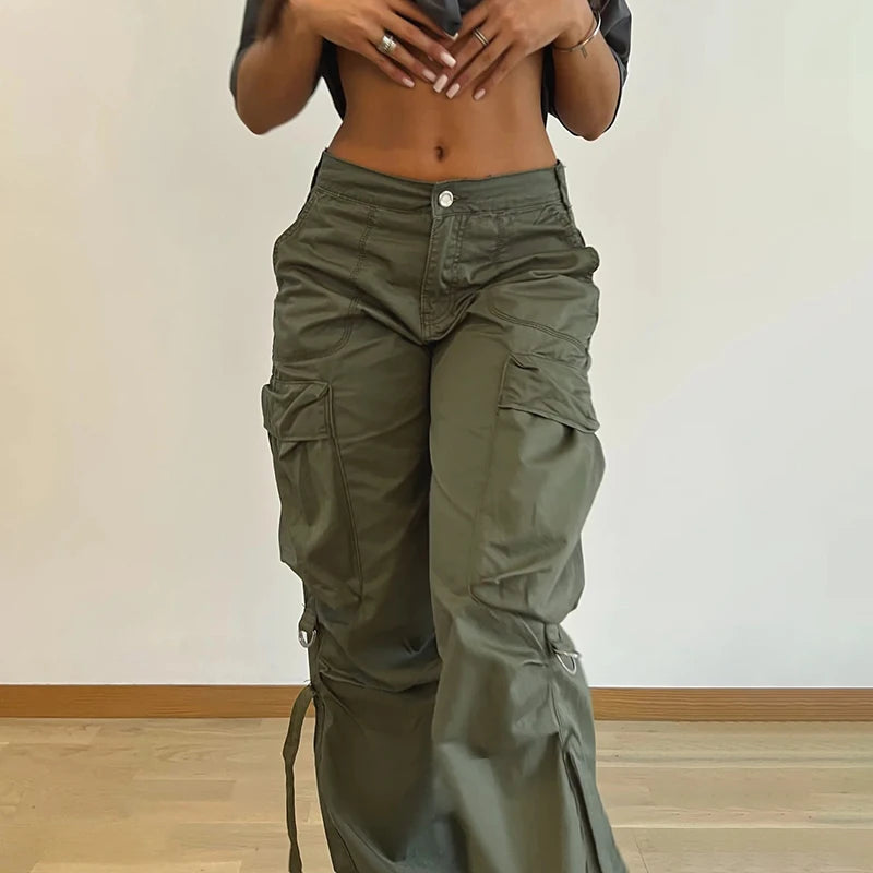 Queensays Cargos Style Parachute Pants Low Waist Women Joggers Harajuku Pockets Baggy Wide Leg Trousers y2k Streetwear Casual