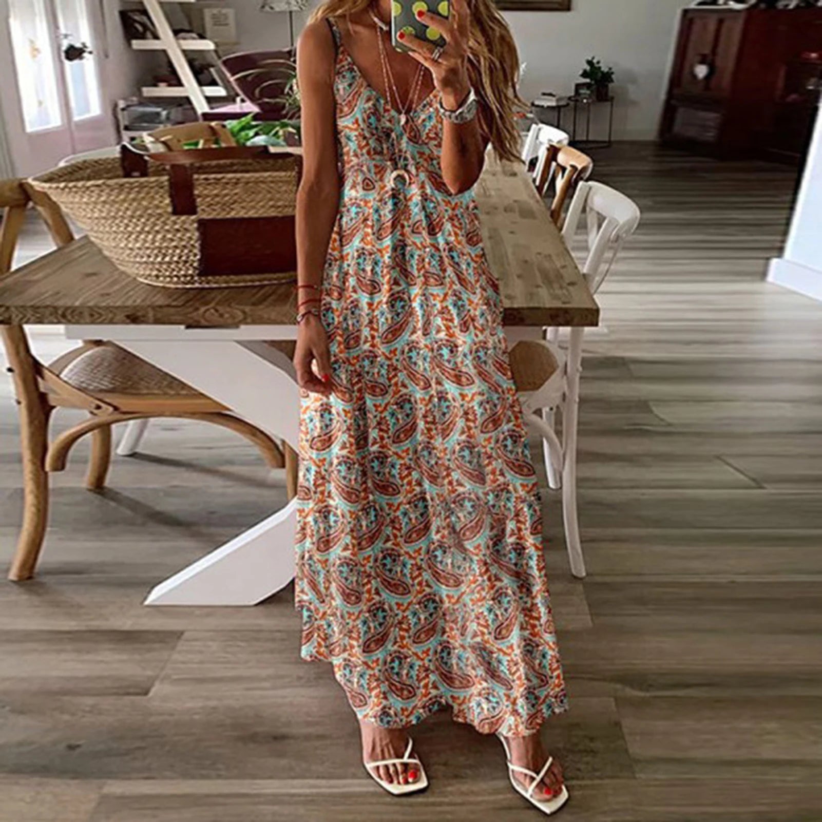 Queensays Women Boho Vintage Maxi Dress Loose Flora Print Deep V Neck High Waist Dresses Spaghetti Strap Summer Retro Vestidos Clothes