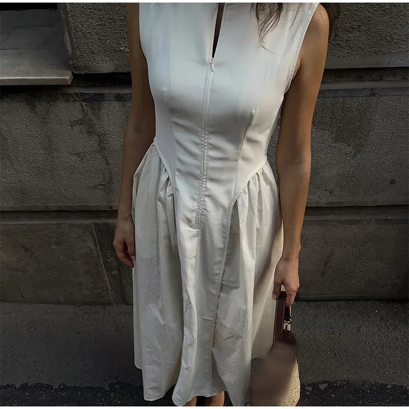 Queensays Women Elegant Solid Midi A-line Dress Chic Slim O-neck Sleeveless Pleated Hem Dresses 2024 Summer Office Lady Commuting Robes