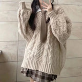 Queensays Autumn Winter Women Sweater Harajuku Oversized Knitted Pullovers Korean Long Sleeve V Neck Knitwear Preppy Solid Loose Jumper