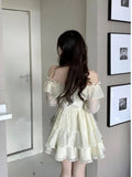 Queensays Long Sleeve Elegant Mini Dress Lolita Pure Color Short Party Dress Woman Casual