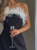 Queensays  -  Elegant Feather Patchwork Dress Women Sexy Sleeveless Backless Evening Mini Strapless Dress Lady Chic Christmas Party Vestidos