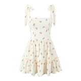 Queensays  Romantic Women Strawberry Print Sling Mini Dress Lace Up Bandage Back Female Summer Holiday Dress Sexy Short Robe