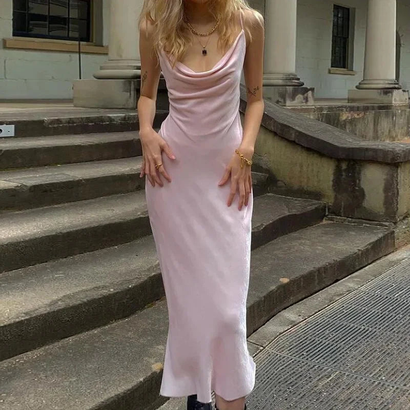 Queensays 2024 Summer Cool Light Intellectual And Elegant Pink Sweet Mature Feminine Supple And Draped Women'S Sling Slit Dress