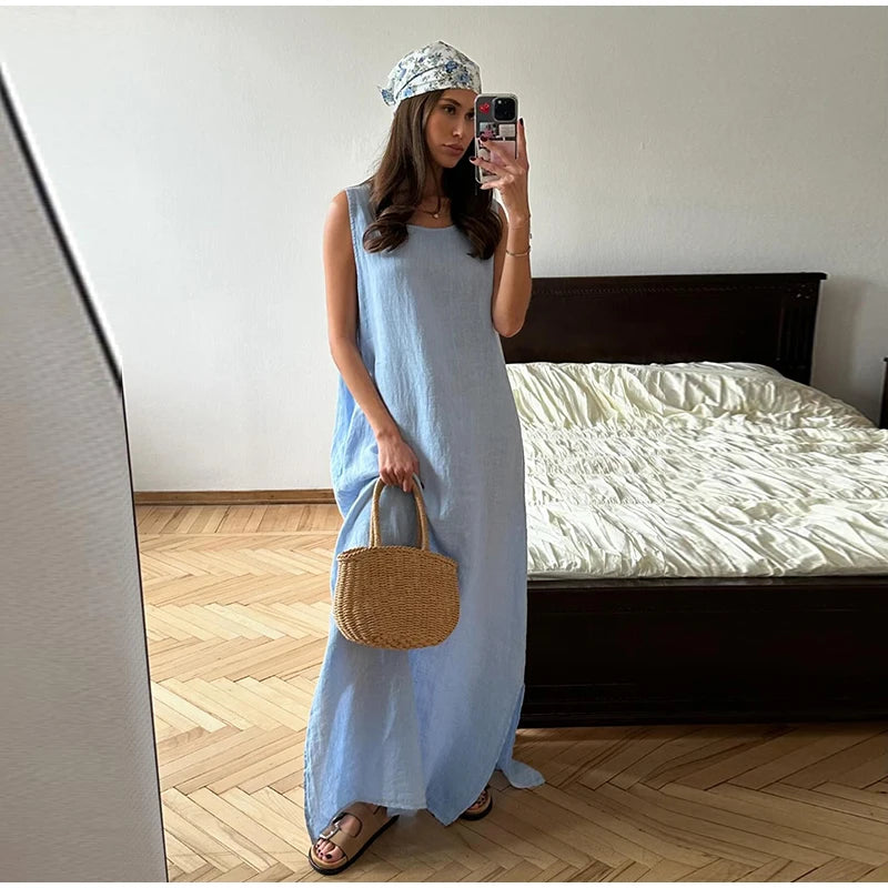 Queensays Women Casual Solid Loose Cotton Linen Maxi Dress Elegant O-neck Sleeveless Split Dresses 2024 Summer Female Street Robes