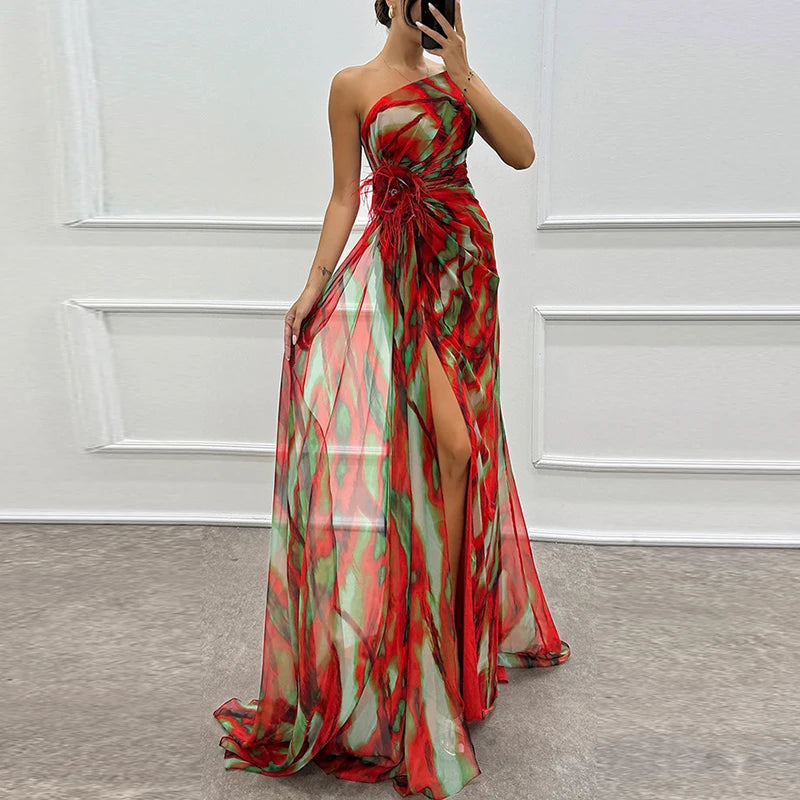 Queensays  -  Elegant Floral Print Hight Waist Long Party Dress Fashion Split Women Evening Dress Sexy Diagonal Collar Pleated Chiffon Dresses