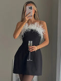 Queensays  -  Elegant Feather Patchwork Dress Women Sexy Sleeveless Backless Evening Mini Strapless Dress Lady Chic Christmas Party Vestidos