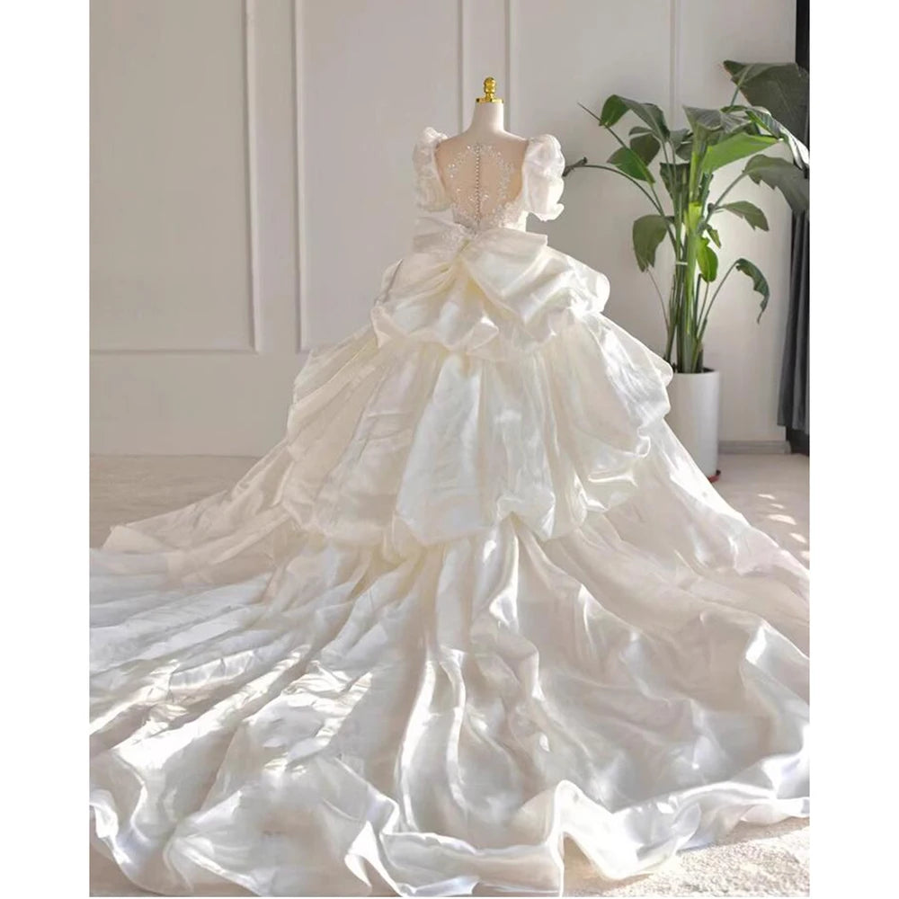 Wedding Dresses 2024 Ball Gown Short Sleeve Ruffle Tiered Lace Appliques Sequins Puffy Bridal Dresses Vestidos De Noiva