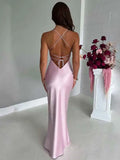 Queensays  Satin Black Backless Evening Party Dress Women 2024 Lace Up Elegant Sexy Dress Bodycon Maxi Long Summer Dress Vestidos