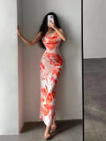 Queensays European Sexy Hot Girl Style Loose Orange Tie Dye Suspender Ankle Dress Cross Strap Fashion Slash Neck Women's