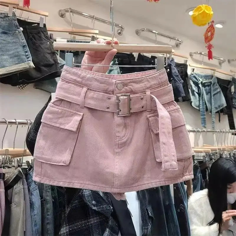 Queensays Sweet  Spicy  Pink A-line Pocket Design Denim Skirt Women's Anti Shining Wrap Hip High Waist Slim Short Skirt