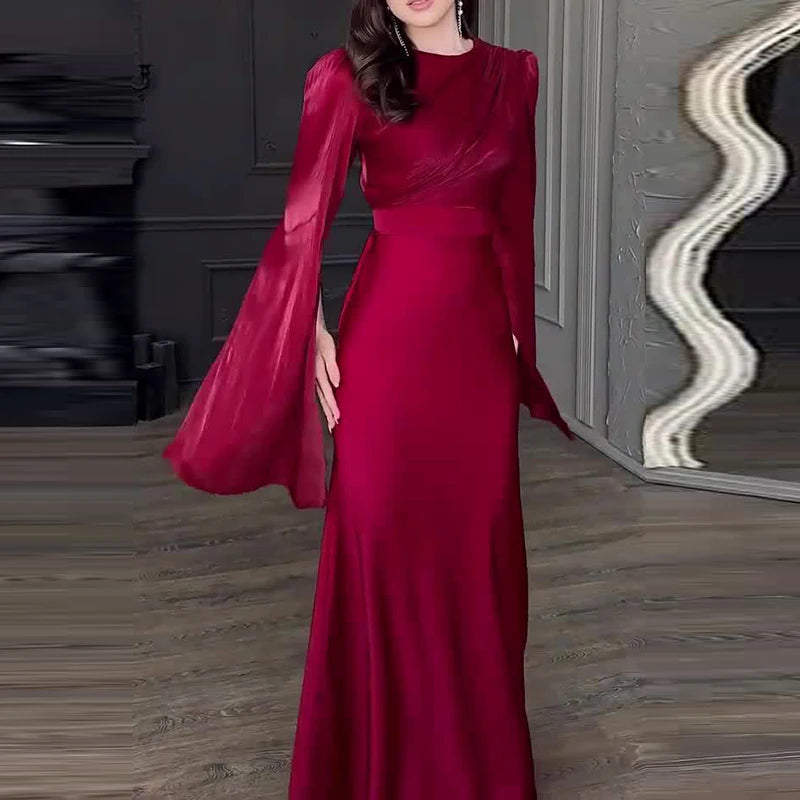 Queensays  -  Women Fashion O-neck Hight Waist Long Dress Sexy Split Long Sleeve Solid Party Dress Elegant Mesh Patchwork Satin Evening Dress