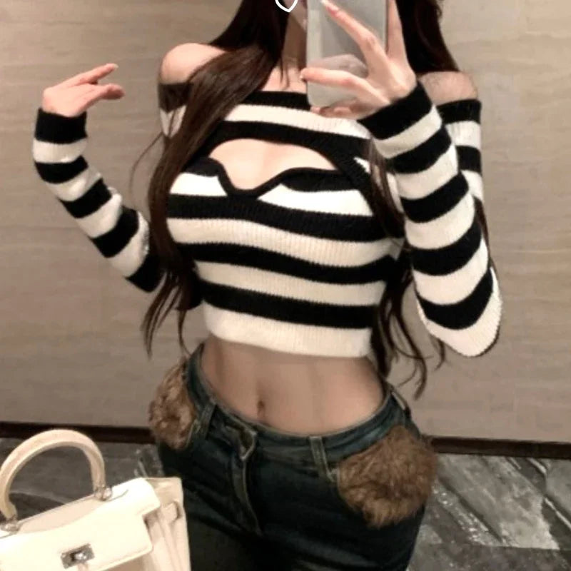 Queensays  -  Off-shoulder Contrast Color Striped Casual Long Sleeve Sweater Women Autumn New High Street Hollow Sexy Slim Knit Crop Tops