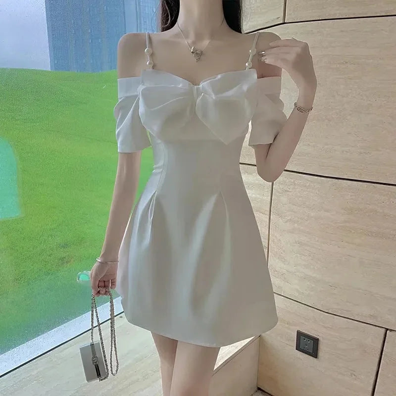 Queensays  -  Bow Sexy Slash Neck Dress Women Summer Korean Elegant White Mini Dress Fashion All Match Party Night Camis Vestidos