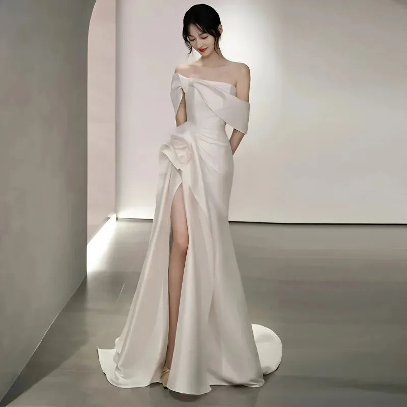 Off-The-Shoulder Satin High Split Twist Front Train Dresses For Wedding pin page